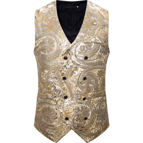 Mens Suit Vest Gold V Neck Sequins Satin Double-Breasted Slim Fit For Men Formal Casual Stage Costume Waistcoat 2021