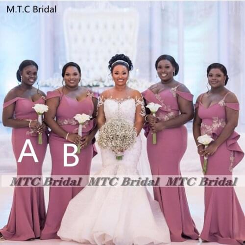 New 2021 Dusty Rose Mermaid Bridesmaid Dresses Long Satin Appliques Plus Size Black Women Wedding Party Gowns Wholesale