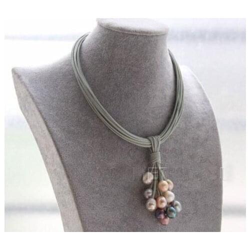 Elegant Handmade Real Pearl Jewelry 15 Row Gray Leather White Pink Gray Black Pearl Choker Necklace