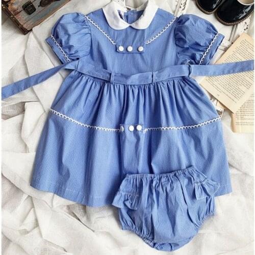 Baby girl French style summer vintage plaid striped princess dress kids puff sleeve peter pan collar cute dress