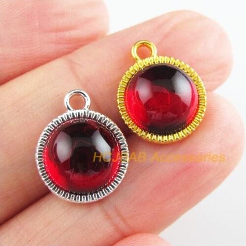 15Pcs Silver Plated & Gold Color Round Flower Red Glaze Charms Pendants 12.5x15.5mm