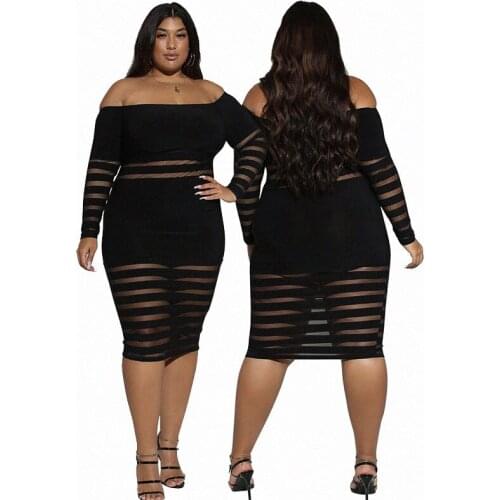 Plus Size Transparent Mesh Dress Slash Neck Off Shoulder Black Bodycon Dress Women Long Sleeve Dresses