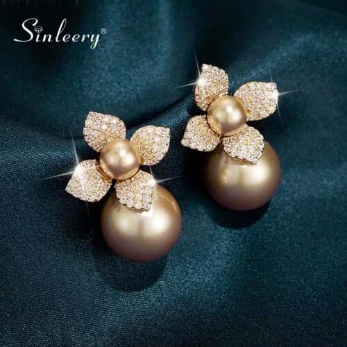 SINLEERY Vintage Double Pearl Crystal Flower Stud Earrings Gray Champagne Pearl Earring Bridal Wedding Party Jewelry Es334 SSF