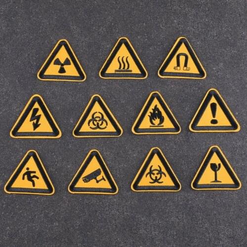 Triangle Yellow Traffic Sign Badge Embroidery Iron on Patches for Clothing Bag Clothes Sticker Appliques Stripes Diy Needlework
