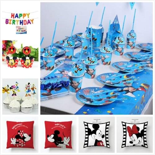 Birthday party decorations kids, Mickey Mouse anniversaire enfant Supplies Paper Cup Plate Napkin Banner/Flag Straw tablecloth
