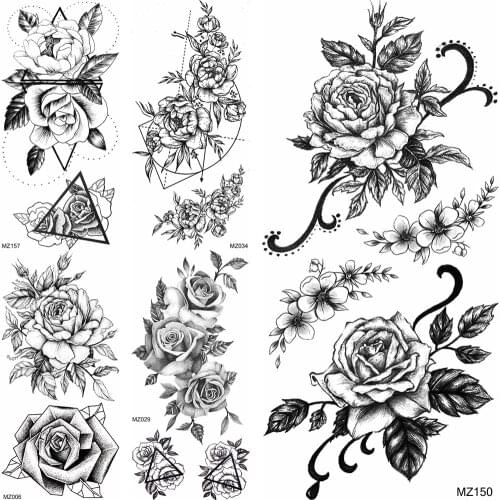 Fashion Flower Temporary Tattoos Sticker DIY Womes Fashion Body Art Tatoo For Women Girl Fake Black Geometric Rose Tatoo Decal