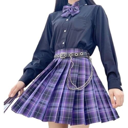 Women Purple Gothic Pleated Plaid Skirt Summer High Waist Skirts Harajuku Cute Sexy Mini A-Line Skirts JK Cosplay School Girl