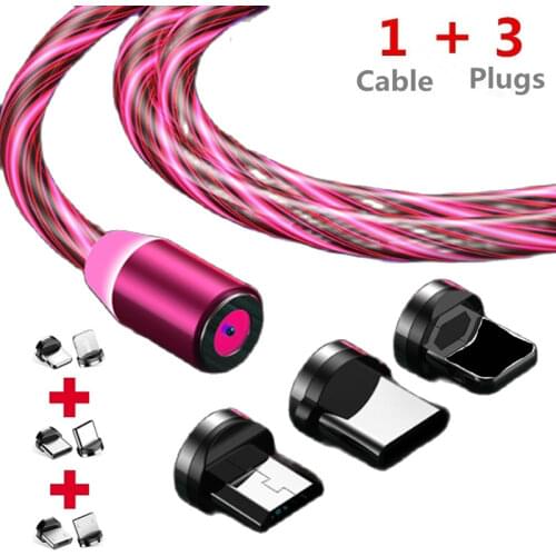 Magnetic Flow Luminous Lighting Led Charging Mobile Phone Cable Cord Charger Wire 3 in 1 For Xiaomi Micro USB Type C Iphone