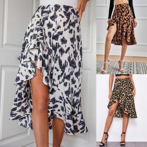 Womens Midi Skirt Summer New 2021 Casual Urban Fork Lotus Leaf Side Leopard Print A-Line Dress Long Loose Fashion England Style