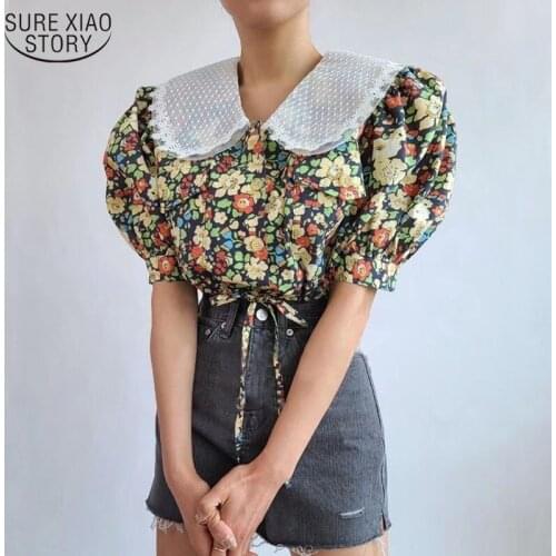 Spring and Summer 2021 Female Fashion Sweet Puff Sleeve Womens Shirt Doll Collar Floral Wild Korea Style Shirt and Blouse 14324