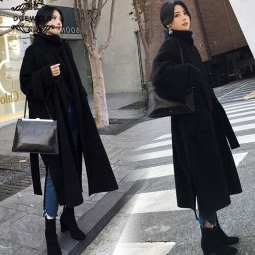 Wool Blends Women Winter Autumn Simple Belt Ankle-length Side-slit Pockets Streetwear Womens Solid Warm Trendy All-match New