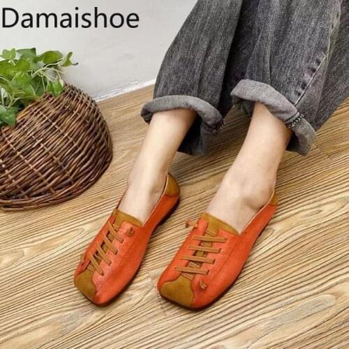 Womens Genuine Leather Shoes Retro Artistic Casual Shoes Soft Bottom Flats Shoes Ethnic Style Lace-up Square Toe Shoes Womens