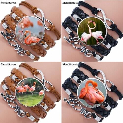 For Women Party Vintage Cabochon Colorful Collar Multilayer Black/Brown Leather Bracelet Bangle Pink Flamingo Bird