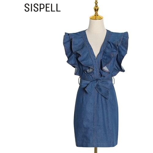 SISPELL Patchwork Ruffle Dresses For Girls V Neck High Waist With Belt Slimming Womens Denim Dress 2020 Fashion Autumn New