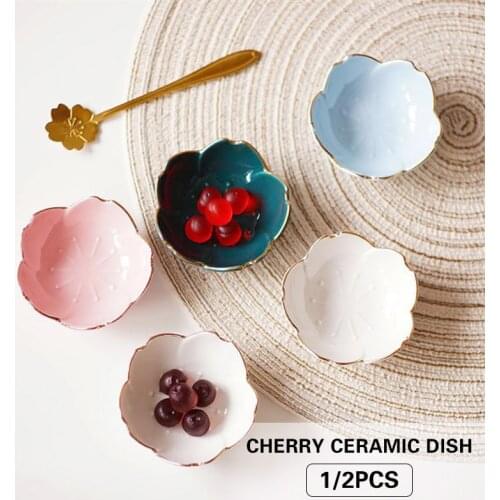 1pc Creative Cherry Mini Plate Ceramic Dish Soup Food Rice Bowl Pigments Soy Sauce Vinegar Dishes Dinner Tray Tableware Gift