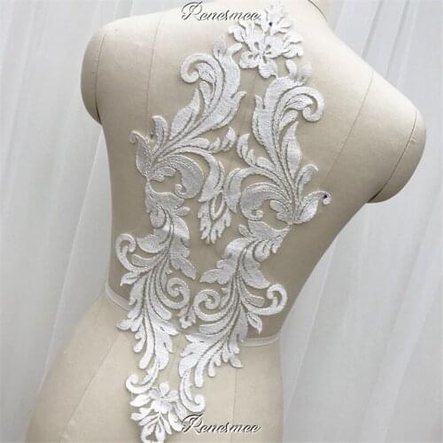 1Pc Ivory Embroidered Lace Applique Fabrics Embroidery Lace Collar Trims Wedding Bridal Appliques For Stage Costume Dress 22X50