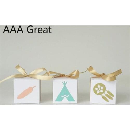 100Pcs/Lot Kraft Paper Candy Box Creative Pattern Square Wedding Chocolate Boxes With Ribbon Packaging European Style New White