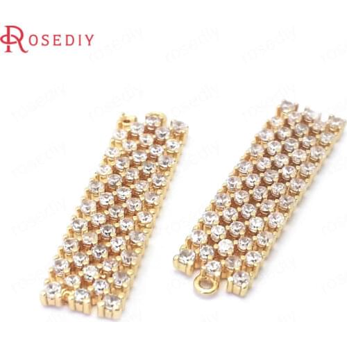 38816)4PCS 26x7MM 24K Gold Color Brass and Zircon Rectangle Charms Pendants High Quality Jewelry Making Supplies Diy Findings