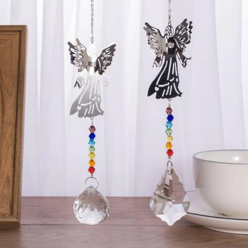 3D Metal Chakra Colorful Glass Bead Window Hanging Angel Chandelier Prisms Suncatcher Handcrafted Crystal Ball Pendant