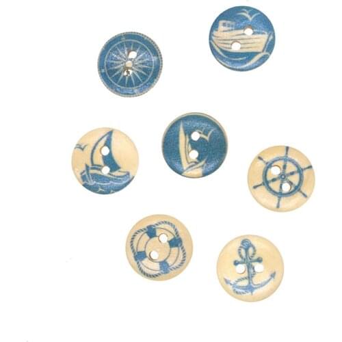 SHINE 50pcs Decorate New Random Mixed Cartoon Navy Painted Wooden 2 Holes Round Buttons Sewing DIY 15mm D133A1