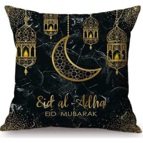 Eid Mubarak Black Marble Texture Muslim Islamic Theme Decoration Pillow Case Linen Islam Mosque Lantern Design Cushion Cover