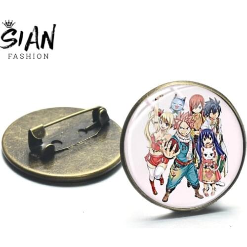 SIAN Classic Anime Characters Art Photo Brooch Fairy Tail Theme Bronze Silver Plated Glass Dome Backpack Bag Brooches Metal Pin