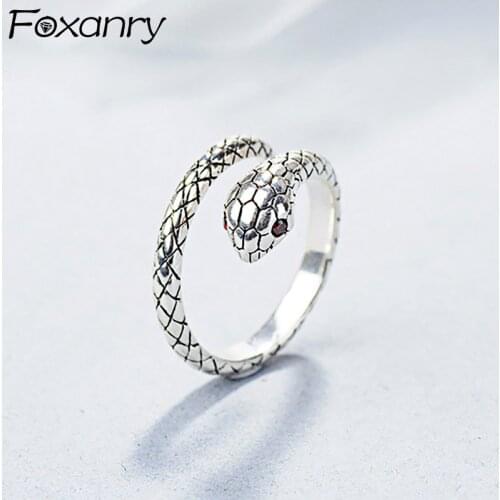 Foxanry 925 Sterling Silver Red Eyes Snake Rings for Women Fashion Simple Vintage Punk Thai Silver Birthday Party Jewelry Gifts
