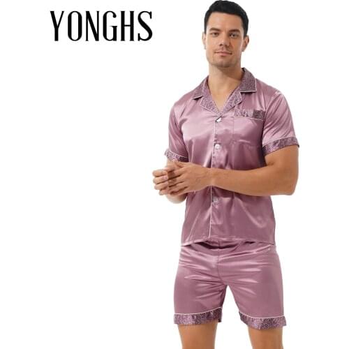 Mens Stylish Print Luxury Homewear Satin Pajama Set Two-piece Sleepwear Nightwear Loungewear Short Sleeve Shirt with Shorts