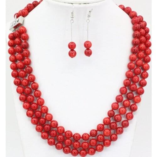 New 3 rows 8mm Synthetic Red coral glass round beads earrings necklace dangle jewelry set for women weddings party gifts 17-19"