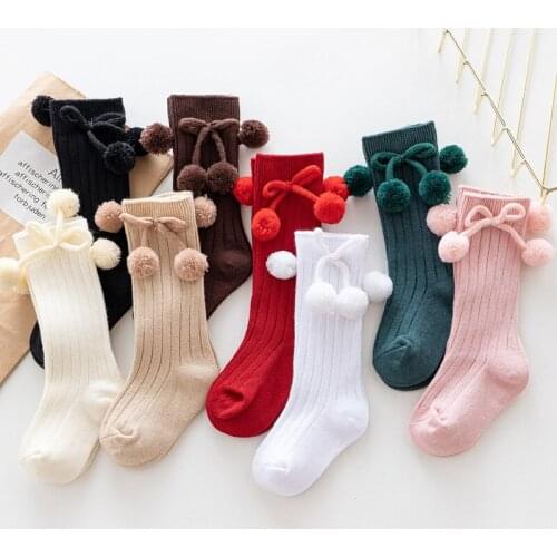 Autumn Princess Baby Girls Socks Cute Bowknot Pompom Newborn Infant Knee High Socks Soft Cotton Toddler Kids Socks