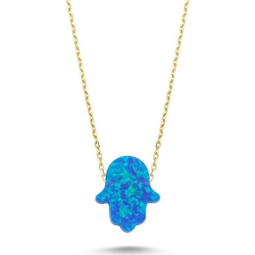 14k (585) Gold Opal Stone Hamsa Hand Necklace