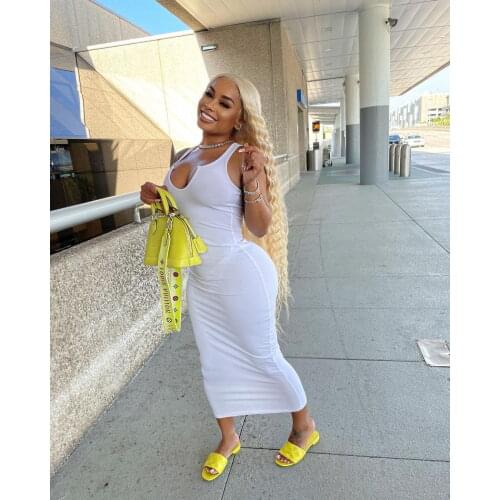 Puloru New Sexy Women Sleeveless Bodycon Midi Dress Solid Color V-Neck Low Cut Wrap Sheath Dress Party Street Wear Plus Size