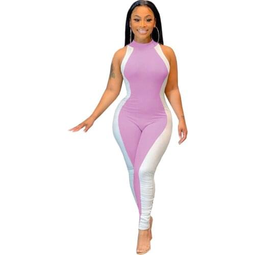 Casual Fitness Color Block Body Jumpsuit Women Sexy Backless O Neck Sleeveless Patchwork Bodycon Jumpsuit Overalls for Women