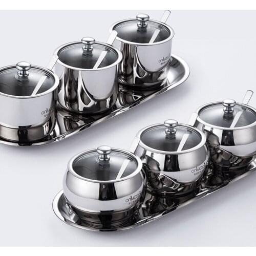Durable 250-300ml/PCs Stainless Steel Kitchen Seasoning Jar Set with Tray Spice Salt Pepper Storage Bottle Seasoning Tools