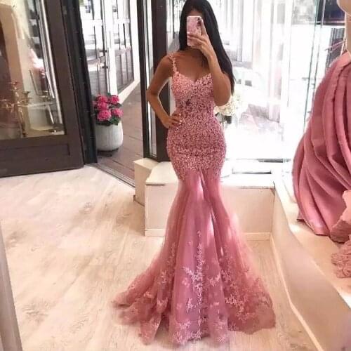 Sexy Pink Silver Mermaid Prom Dress Spaghetti Strap V Neck Lace Beaded See Through Shiny Evening Party Gown For Black Girls 2021