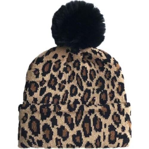 Fashion Leopard Printed Children Hats Winter Warm Knitted Hat With Fur Ball Thick Boys Girls Kids Beanies Caps 1-8 Years