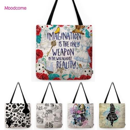 Letter Print Alice Wonderland Quotes Cartoon Baby Girl Gift Souvenir Cotton Linen Tote Bag Water Resistant School Shoulder Bag