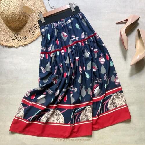 SISHION Patchwork Cartoon Printed Women Long Skirt VD1952 High Waist Blue Pink Y2K Skirt Faldas Jupe Femme Rokken
