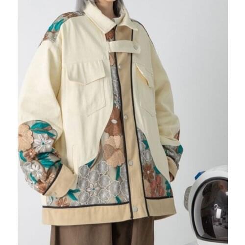 Autumn Womens Denim Jean Jackets Streetwear Spliced Embroidery Flower Harajuku Za Vintage Clothing Loose Coat Basic Outwear