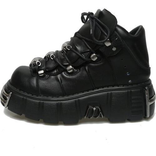 OLOMLB Womens Round Toe Platfrom Gothic Punk Boots Punk Shoes Metal Decor Creepers High Heel Japanese Harajuku Genuine Leather