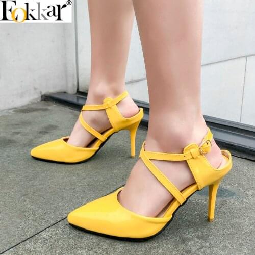 Eokkar 2019 Classic Patent PU Leather Office Ladies Closed Toe Stiletto Sandals High Heels Red Pumps Shoes Women Plus Size 34-45