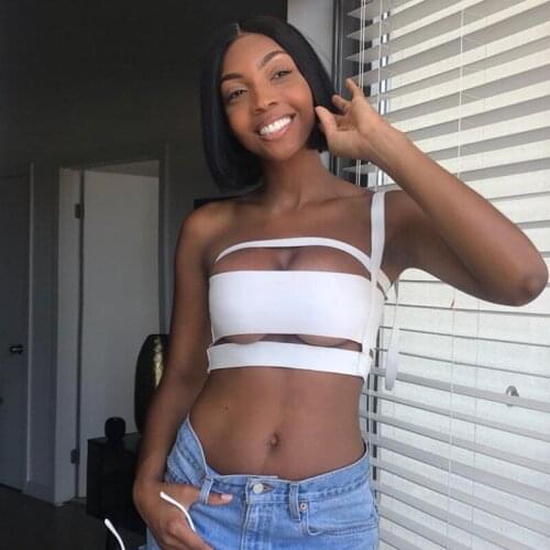 Women One Shoulder Strap Crop Tops Vest Sleeveless T-Shirt Tank Tops Summer Vest Bare Bandage Bondage Cut-Out Short Tee Shirt