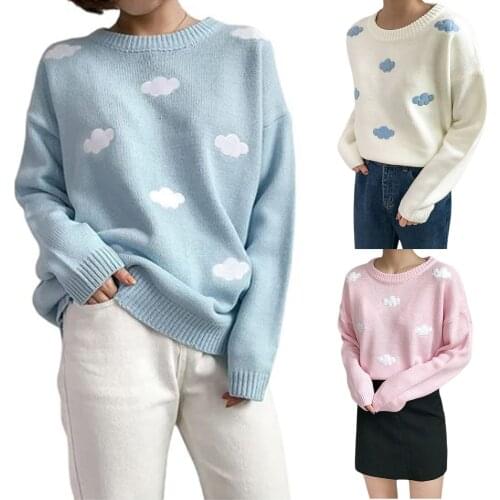 Womens casual knitted sweater, autumn new fashion lovely Kawaii cloud pattern long sleeve round neck knitted pullover
