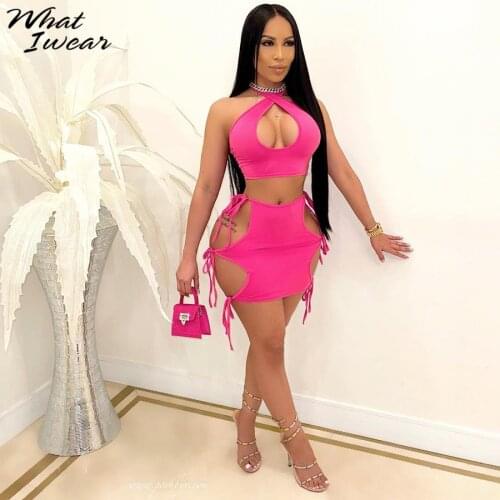 Whatiwear Halter Hollow Out Solid 2 Piece Set Women Backless Crop Top + Bodycon Skirt Sexy Backless Party Clubwear Matching Sets