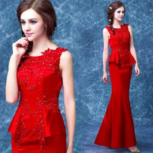 Red satin lace appliques ruffles long mermaid 2018 new design beading vestido longo party Formal prom gown bridesmaid dresses