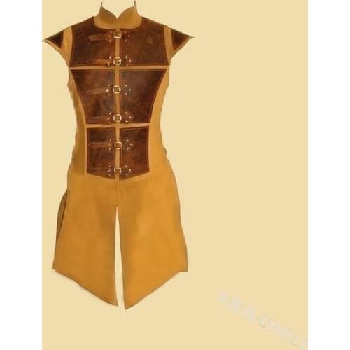Medieval Vintage Armor Leather Sleeveless Vest Tunic Button Stand Collar Cosplay Retro Costume For Men Side Lace Up Waistcoat