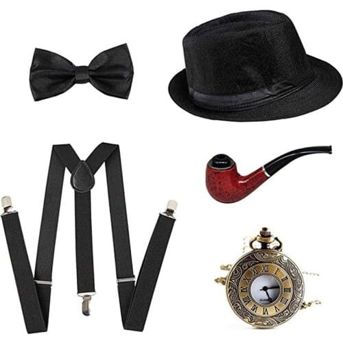 15 1920s Mens Great Gatsby Gangster Costume Accessories Set - Fedora Newsboy Panama Hats Suspenders Pocket Watch