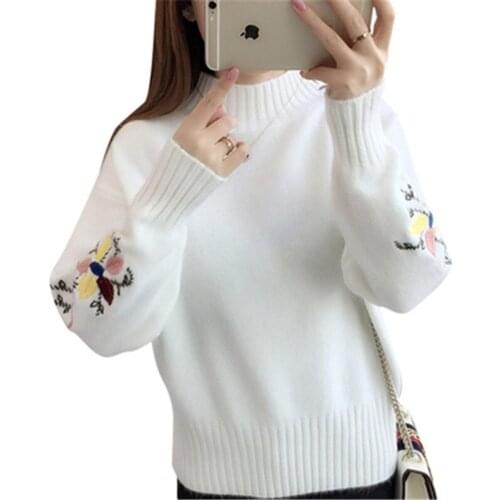 2020 Women Fashion Autumn Winter Turtleneck Sweater Long Sleeve Warm Embroidered Knitted Tops pullover femme korean fashion tops