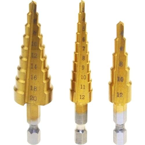 3pc 4-12/4-20/3-12mm Metric Hex Shank Titanium Hss Step Cone Drill Bits Hole Cutter With Waterproof Bag