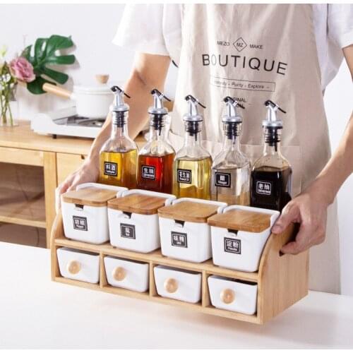 Bamboo Square Pot Ceramic Seasoning Pot Bottle Storage Seasoning Box Kitchen Set Gift Salt and Pepper Shakers Spice Rack Tools